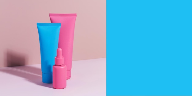 Different mockups of cosmetic bottles on a pink background banner copy space