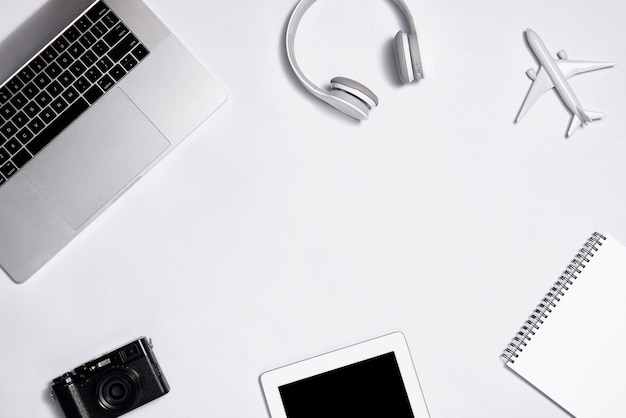 Different objects for traveling on white background. Top view.