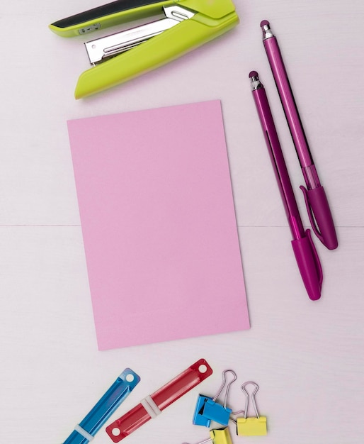 Different Office Supplies Colored Stickers Notebooks Pens Pencils Rullers Marckers Different School Items Important information Accessories lying on desk