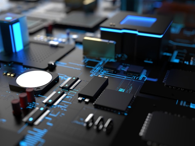 Different parts of computer chips and transistors