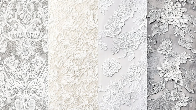 Photo different patterns and textures of lace fabrics displayed in a row showcasing intricate designs and varying shades of white and gray