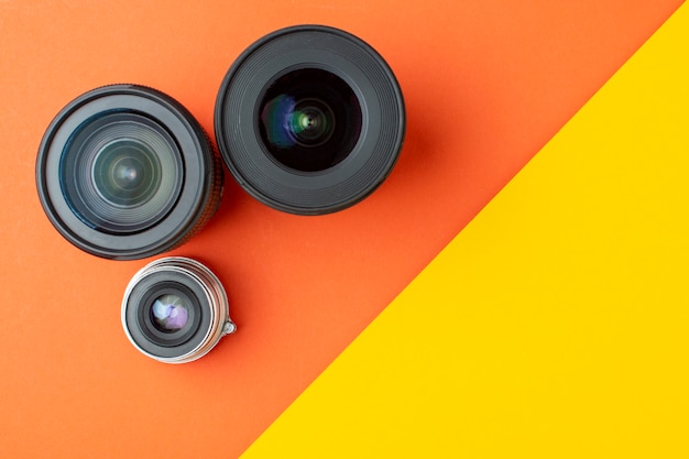 Different photo lenses on a colored background