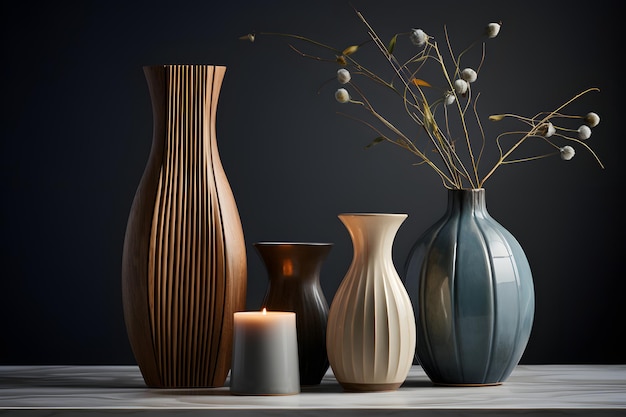 different pieces of wood and a vase in the style of dark skyblue and dark beige light bronze