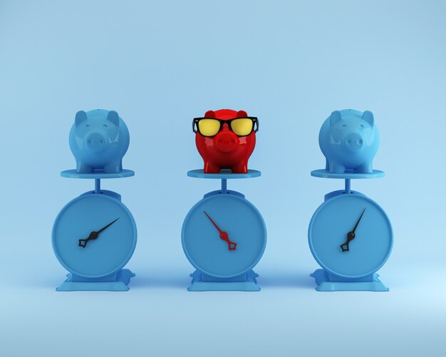 Photo different red piggy savings with blue pig other on blue background, minimal concept