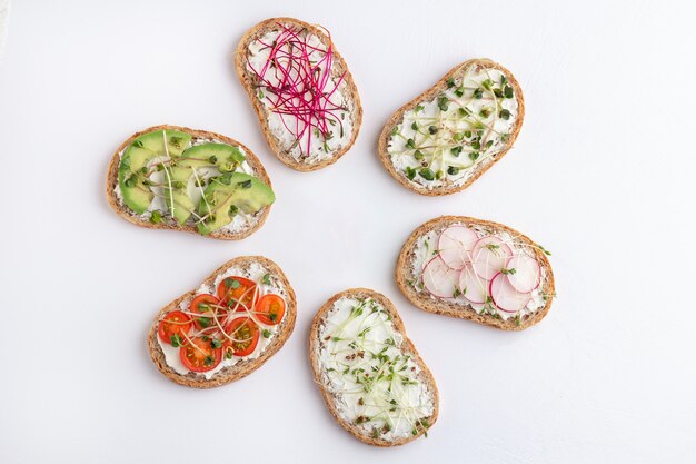 Different sandwiches with microgreens and vegetables on a white background