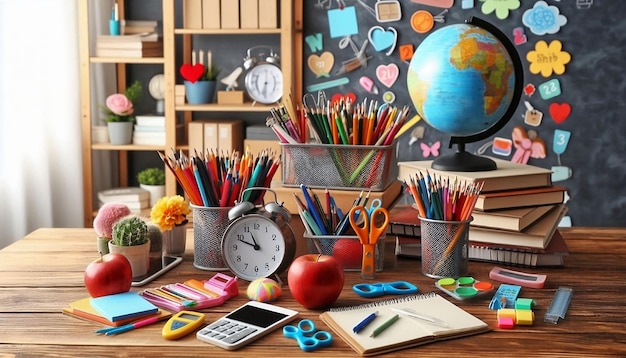 Different school supplies on wooden table in classroom