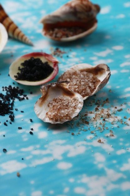 Different sea salt and shells close up