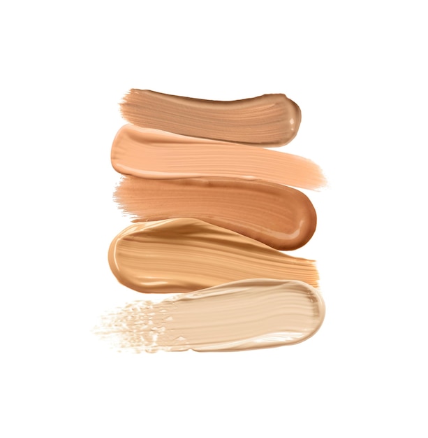 Different shades of liquid skin foundation on white background top view