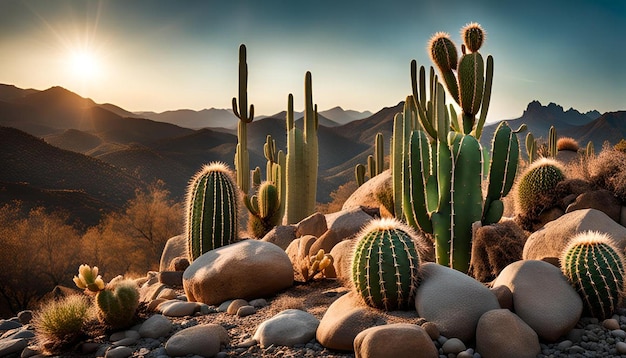 Photo different shapes of cactus in a group with rocks elements