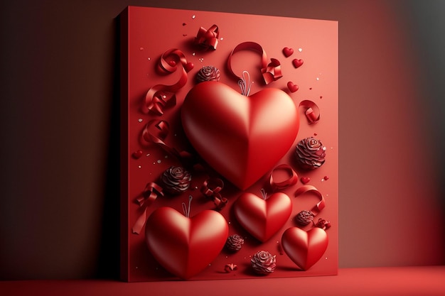 Different sized red 3d hearts on red postcard background 3d rendering of Valentine's Day Mother's Day Women's Day concept Horizontal postcard greeting card with copy space AI generated image