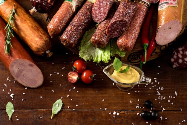 Different smoked sausages with vgetables and ingredients on wooden background