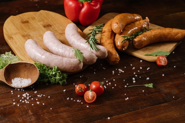 Different smoked sausages with vgetables and ingredients on wooden background