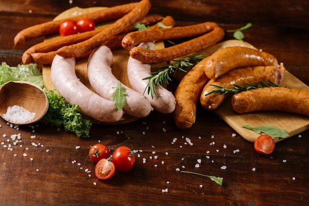 Different smoked sausages with vgetables and ingredients on wooden background