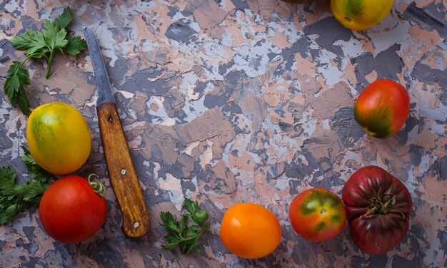 Different sort of tomato on concrete background. Selective focus, top view, space for text