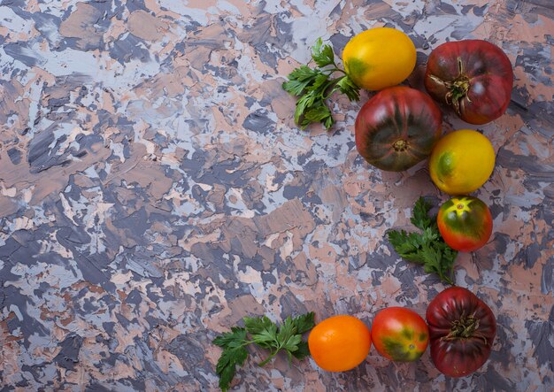 Different sort of tomato on concrete background. Selective focus, top view, space for text