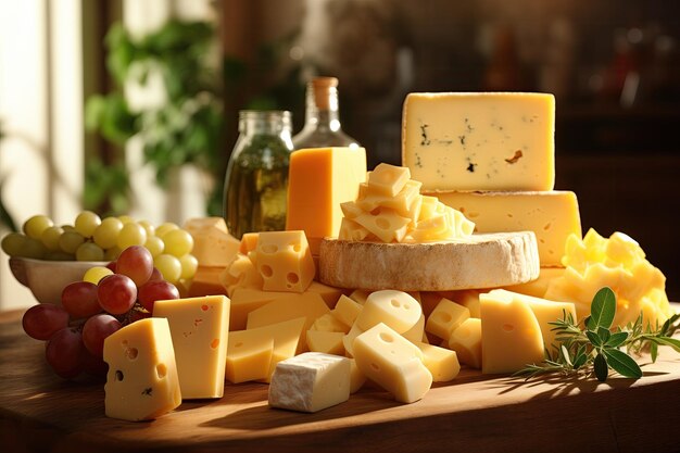 Different sorts of cheese on wooden table Generative ai art Close up view Big cheese selection