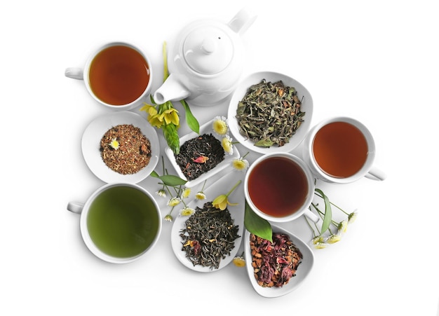 Different sorts of tea on white background