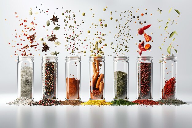 Photo different spices falling from sky