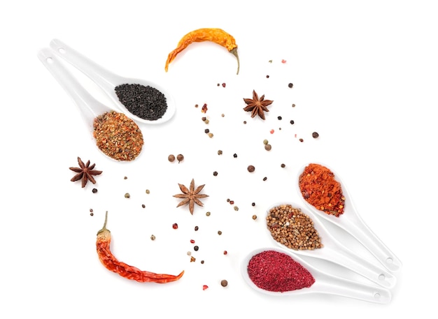 Photo different spices in spoons on white background