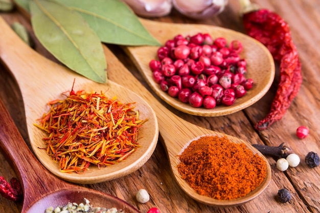 Different spices in the spoons on wooden background