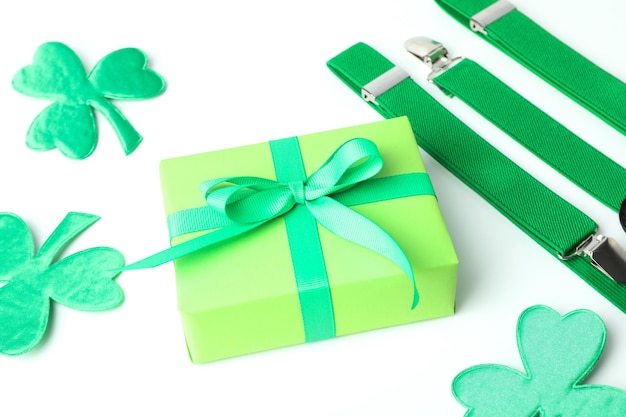 Different St.Patrick's Day accessories on white background