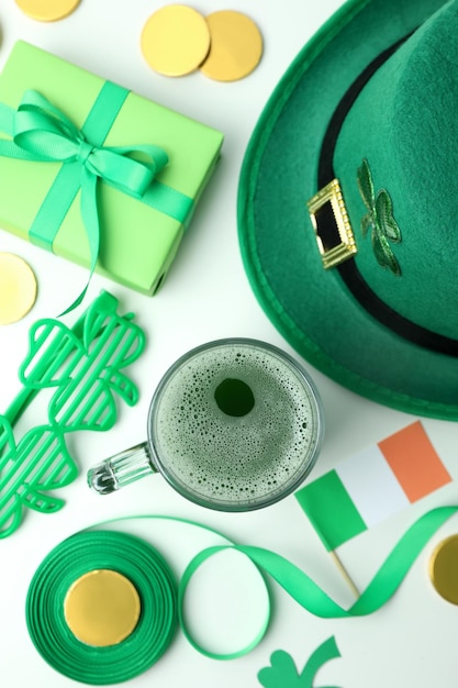 Different St.Patrick's Day accessories on white background