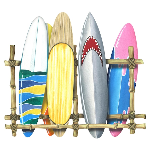 Different surfboards on a bamboo stand Watercolor illustration The composition is isolated on a white background from the SURFING collection For decoration and design of tourism sports beach