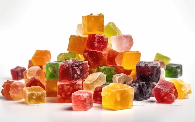 different sweet candied fruit cubes on a white background candied fruit jelly candies ai generated