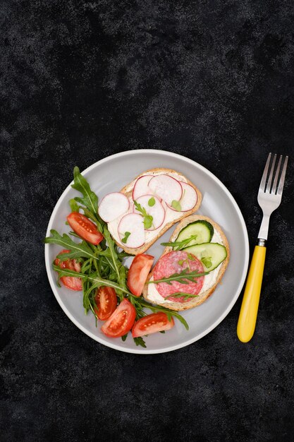 Different tapsas sandwiches with vegetables radish sausage tomatoes arugula on grey plate on dark