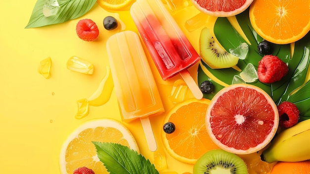 Different tasty ice creams with fruits and leaves on color background