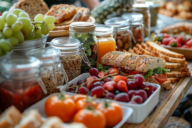 Different tasty and nutritious food for lunch close up