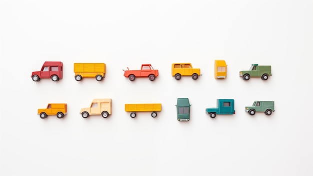 different truck toy shapes laid out on a white background