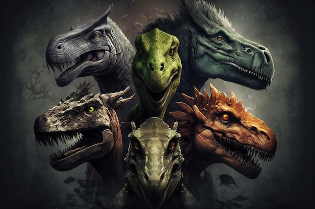 Different type of dinosaurs in group animals reptiles amphibians