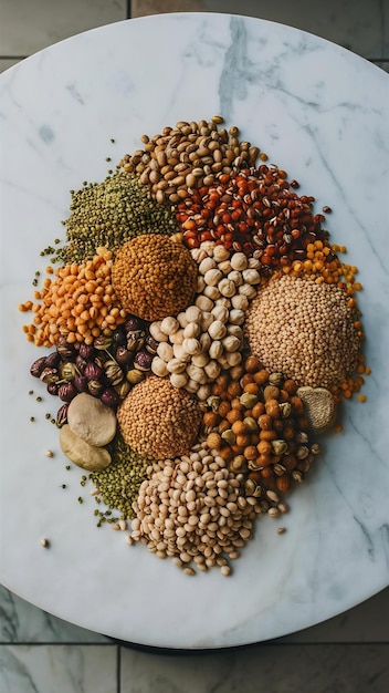 Different type of raw dry legumes composition on marble table surface