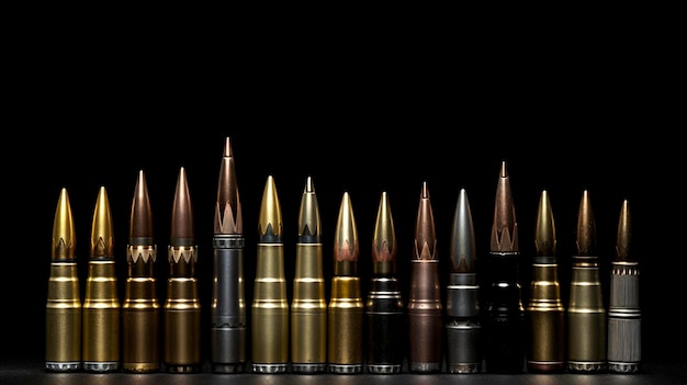 Different types of ammunition on a black background Sale of weapons and ammunition