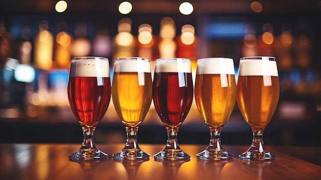 Different types of beer chilled on wood table and blurred bar background Food and drink concept Generative ai