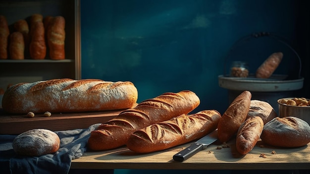 Different types of bread on a wooden table with knife and forkgenerative ai