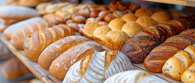 Different types of breads displayed on the shelves of a mall bakery