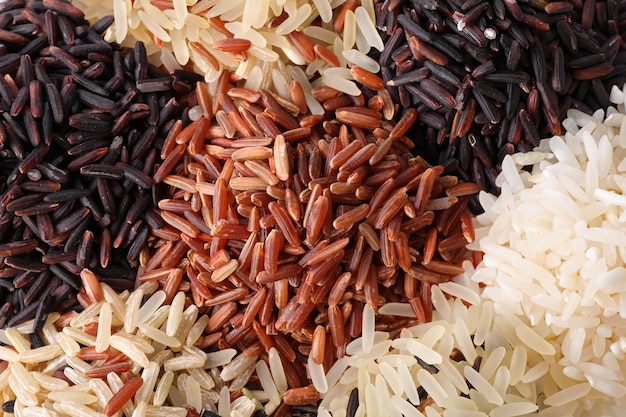 Different types of brown and polished rice as background closeup