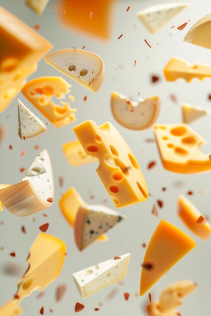 Different types of cheese are flying or falling in the air