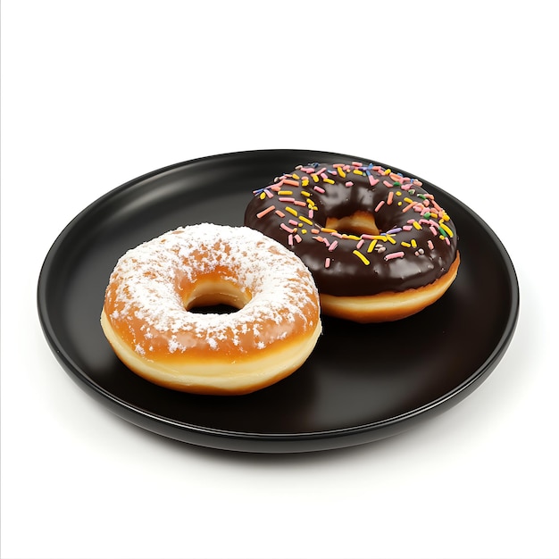 Different types of delicious sweets donuts on a black plate and isolated on white background