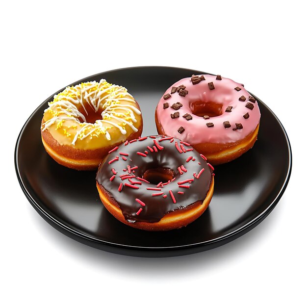 Photo different types of delicious sweets donuts on a black plate and isolated on white background