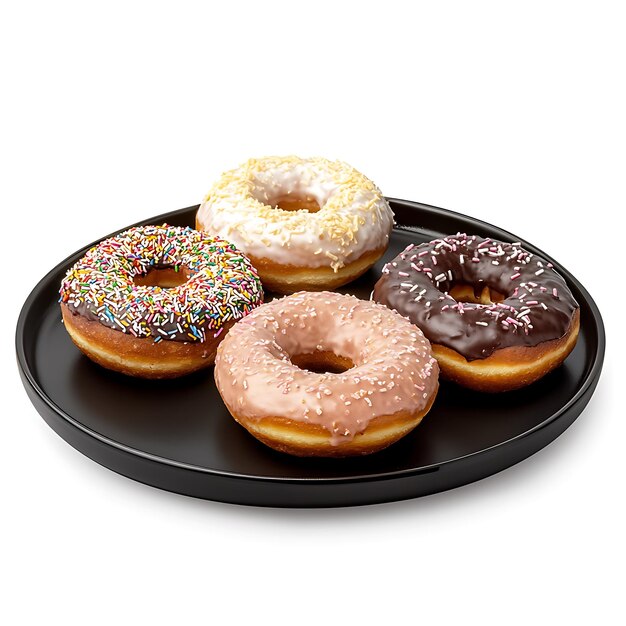 Different types of delicious sweets donuts on a black plate and isolated on white background