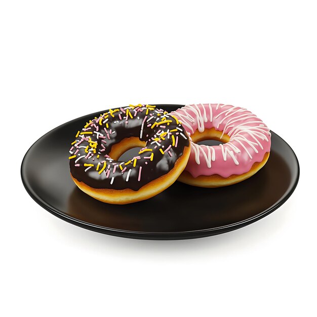 Photo different types of delicious sweets donuts on a black plate and isolated on white background