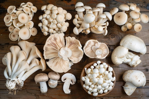 Different types of edible mushrooms arranged on a rustic wooden table