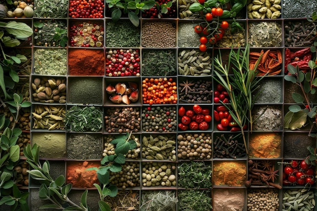 Different types of food items such as fruits vegetables meats and grains arranged in a colorful box A collage of different herbs and spices arranged in a visually appealing way