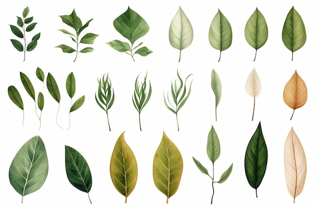 Photo different types of illustrated plant leaves isolated on white background