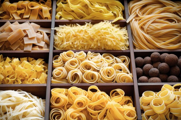 Different types of pasta as background closeup Pasta and spaghetti from durum wheat