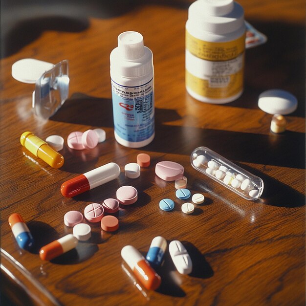 Photo different types of prescription medication eg inhalers patches displayed on a table