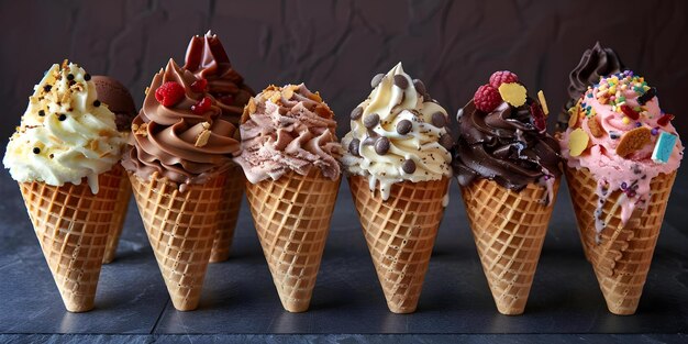 Different types of rolled ice cream cones against a dark backdrop Concept Rolled Ice Cream Cones Dark Backdrop